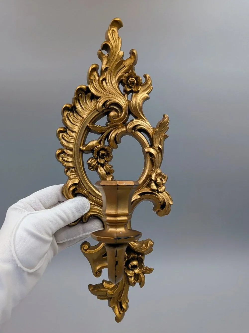 Vintage 1962 SYROCO Molded Resin Gold Tone Candleholder Wall Sconces - Set of 2